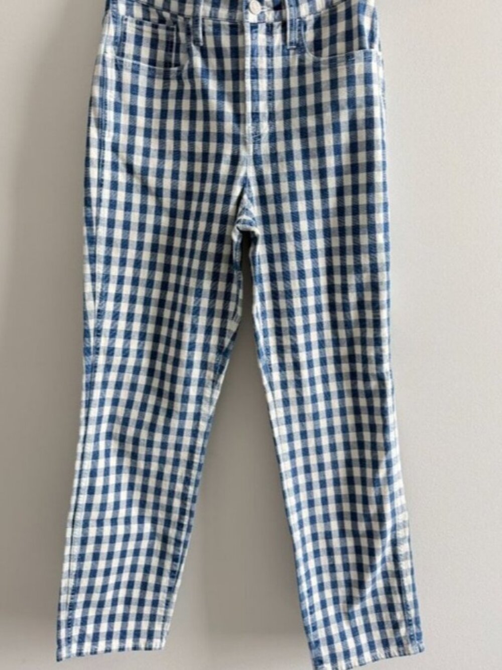 Mid Rise Gingham Cropped Straight Leg Jeans